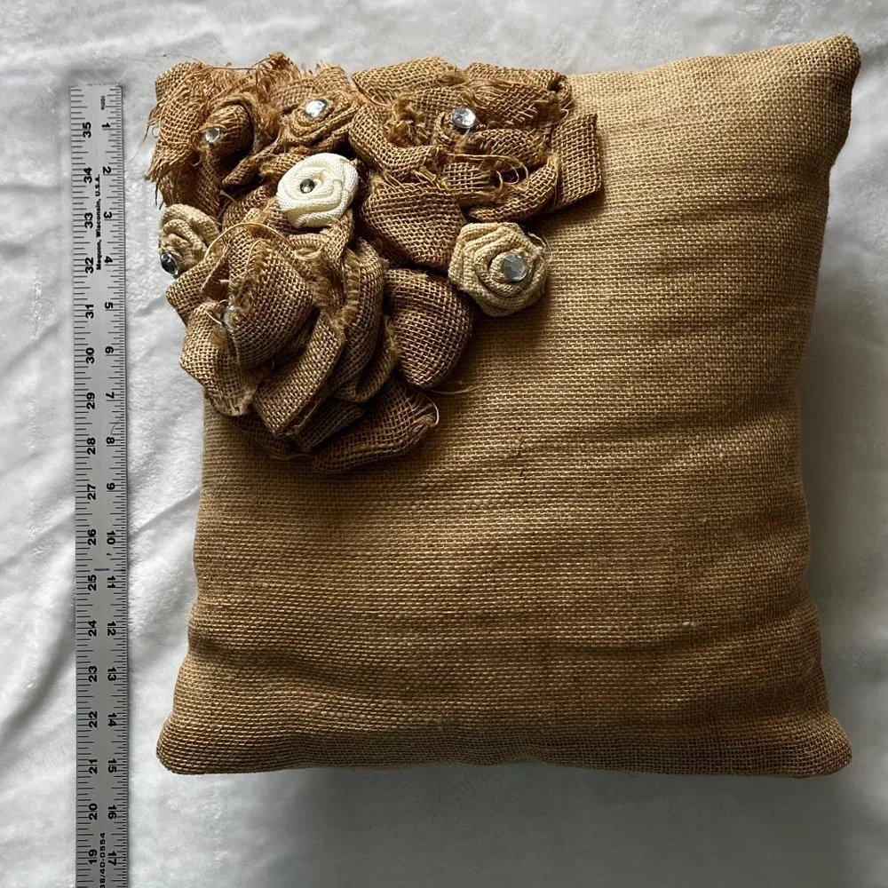 Burlap Decorative Throw Pillow with Burlap Roses and Rhinestones